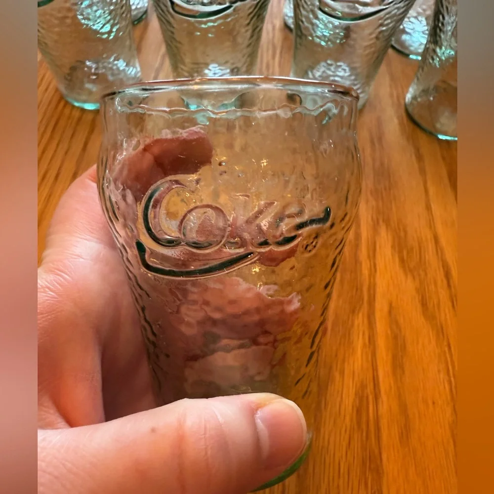 Set of 9 Vintage Mini Green Pebbled Coca-Cola Glasses